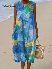 Women's Retro Art Blue Flowers Print Sleeveless Cotton Pocket Wrap Dress