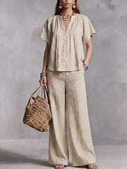 Women's Cotton-Linen V-Neck Casual Set for Beach Vacations