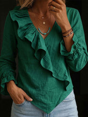 Women's Cotton-linen Ruffled V-neck Blouse With Asymmetrical Hem And Flared Sleeves