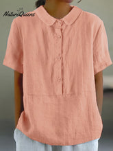 Women's Solid Color Cotton And Linen Lapel Short Sleeved Casual Blouse