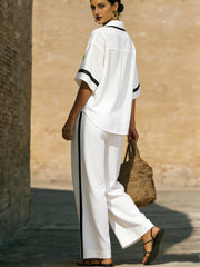 Stylish Trimmed Edge Color-blocked Cotton Linen Two-piece Set