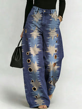 Women's Retro Geometric Patterns Printed Stylish Cutout Casual Denim Jeans