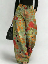 Women's Retro Geometric Floral Patterns Printed Stylish Cutout Casual Denim Jeans