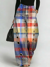 Women's Plaid Pattern Art Print Casual Stylish Hollow Denim Pants