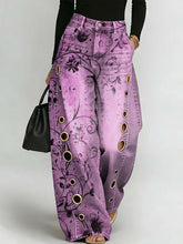Women's Retro Floral Art Print Casual Stylish Hollow Denim Pants