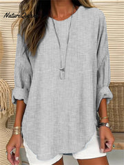 Women's Retro Striped Design Loose Long Sleeve Crew Neck Top