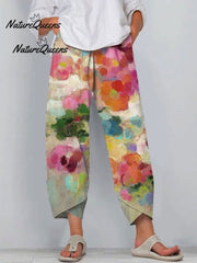 Women's Vintage Flowers ArtPrint Casual Linen V-neck Shirt
