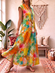 Artistic Watercolor Print Cotton-linen Dress