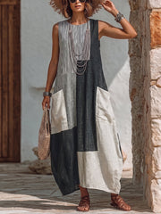 Artistic Geometric Print Cotton-linen Dress