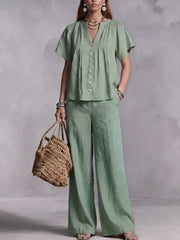 Women's Cotton-Linen V-Neck Casual Set for Beach Vacations