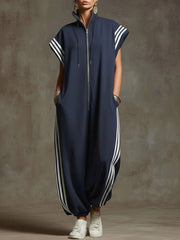Women's Relaxed Stand-collar Short-sleeved Casual Loose Cotton Wide-leg Jumpsuit