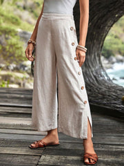 Women's Loose-fit Cotton-linen Wide-leg Casual Trousers With Buttons