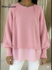 Women's Comfortable Patchwork Faux Two-piece Lantern Sleeve Sweater