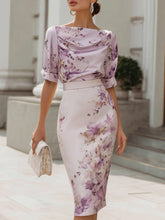 Women's Short-sleeve Boat-neck Pencil Dress With Placed Print — Casual Slim Fit