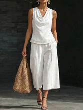 Women's Loose-fit Linen Outfit: Sleeveless Vest & Cropped Wide-leg Pants Set