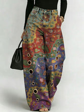 Women's Retro Geometric Floral Patterns Printed Stylish Cutout Casual Denim Jeans