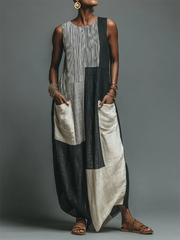 Artistic Geometric Print Cotton-linen Dress