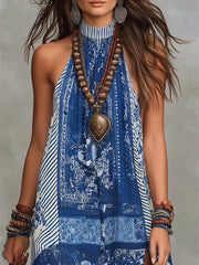 Women's Retro Ethnic Floral Pattern Art Print Casual Fashion Cotton Maxi Dress