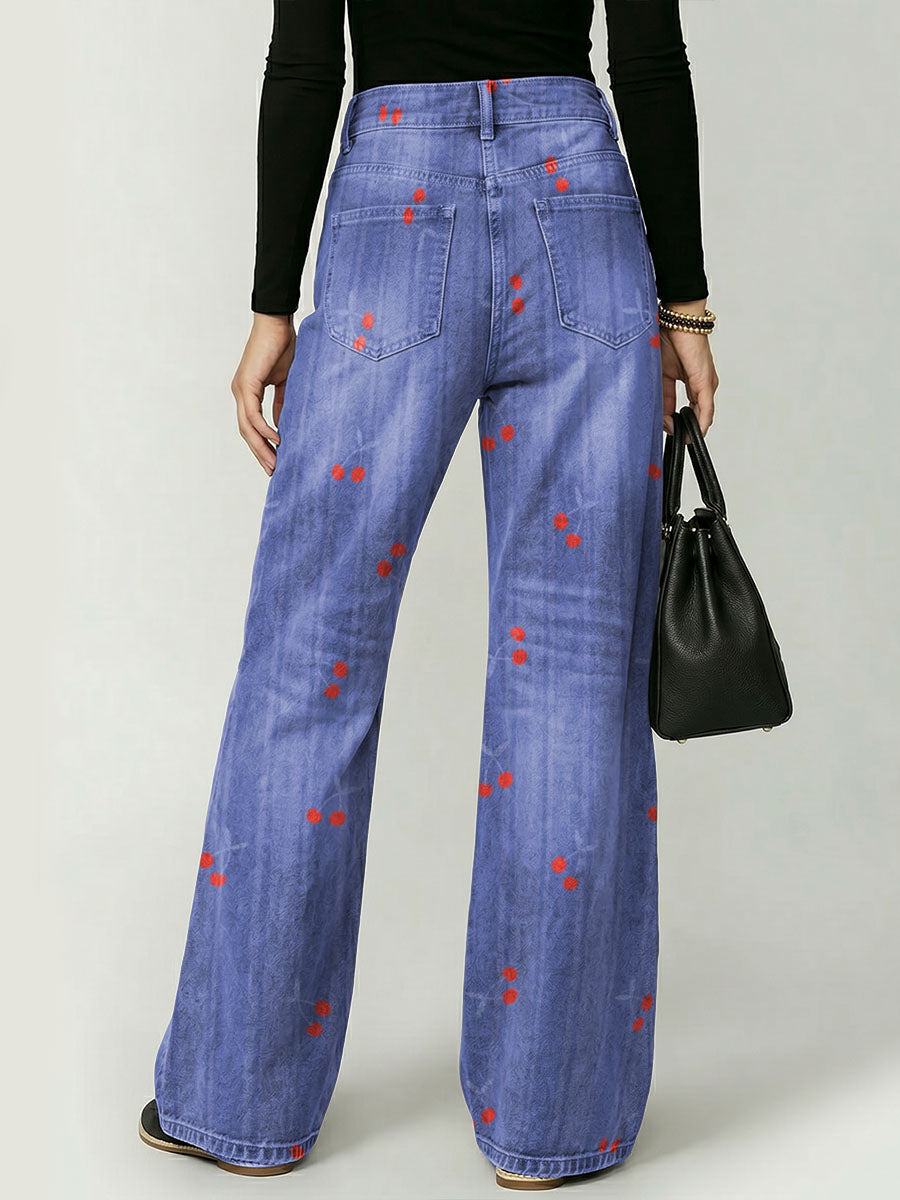 Vintage Cherry Decorative Pattern Women's Casual Cotton Denim Pants