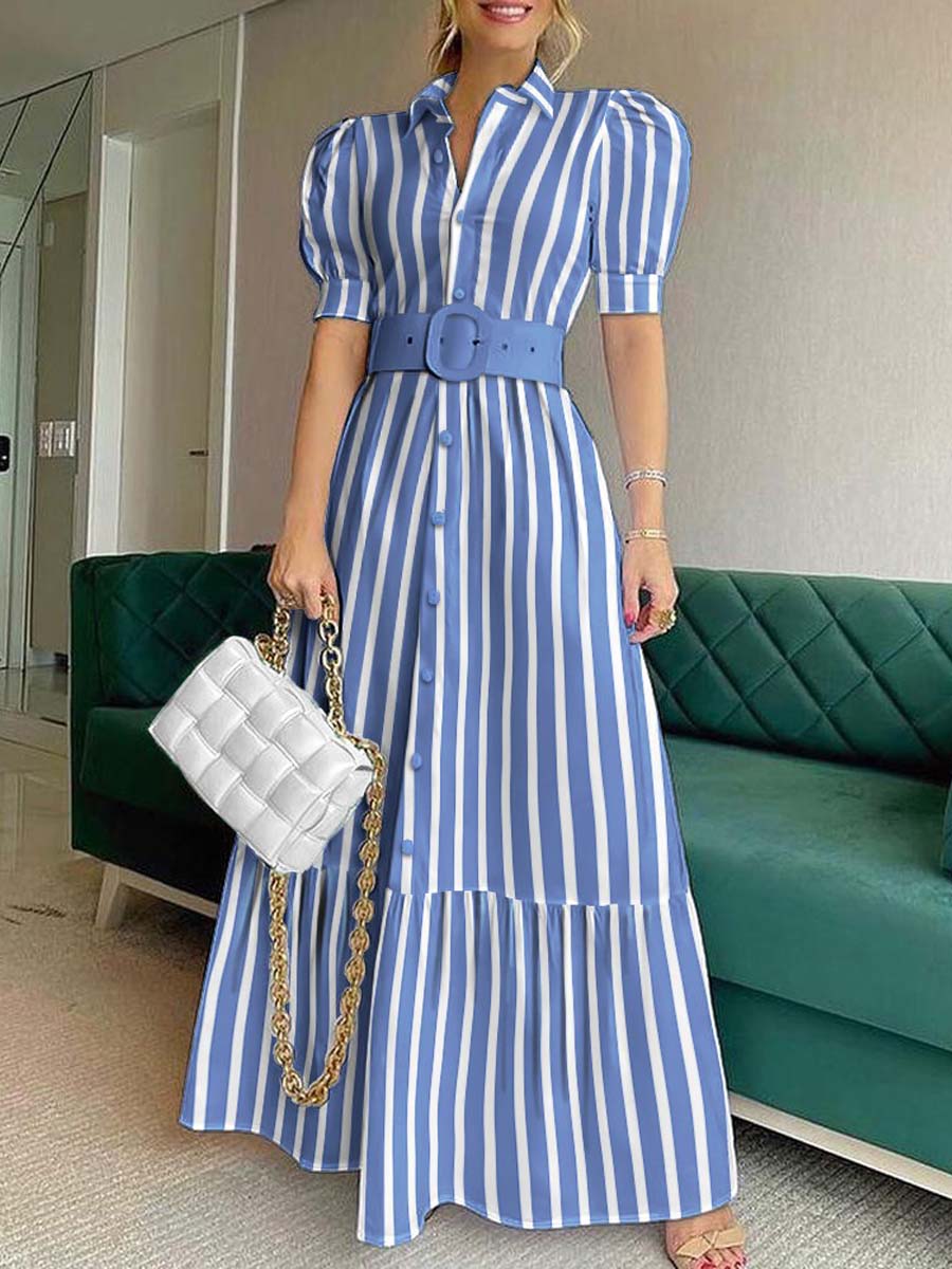 Women's Striped Art Casual Elegant Short Sleeve With Belt Long Dress