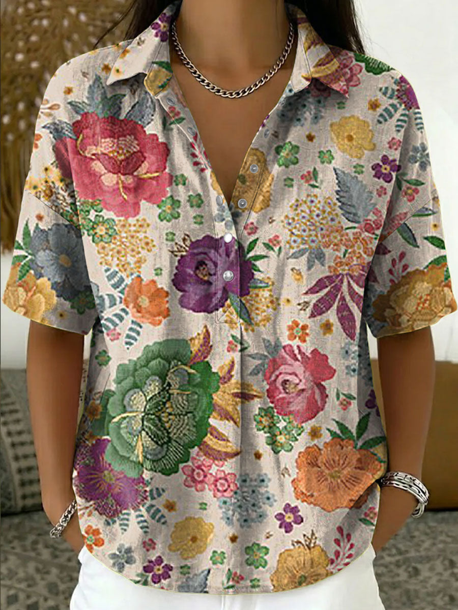 Women's Vintage Botanical Floral Casual Polo Collar Short-sleeved Linen And Cotton Shirt