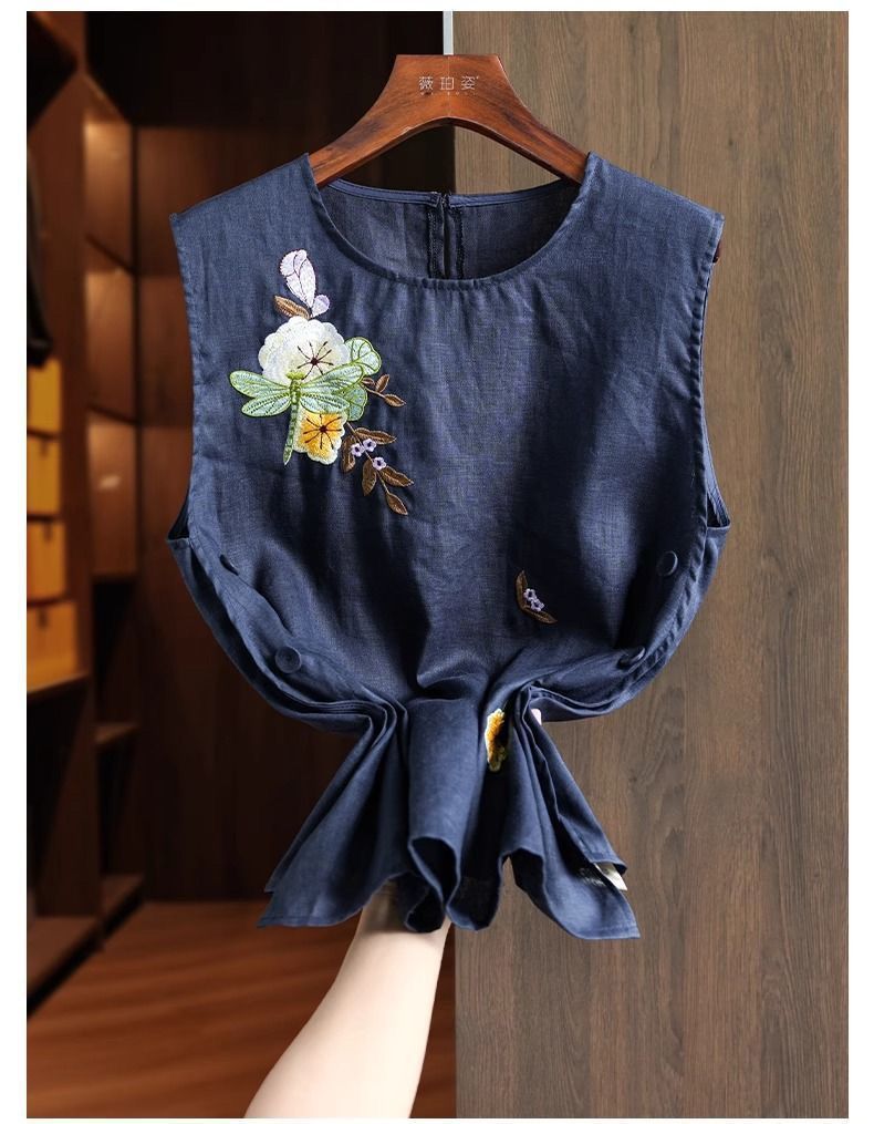 Casual Embroidered Linen And Cotton Sleeveless Top