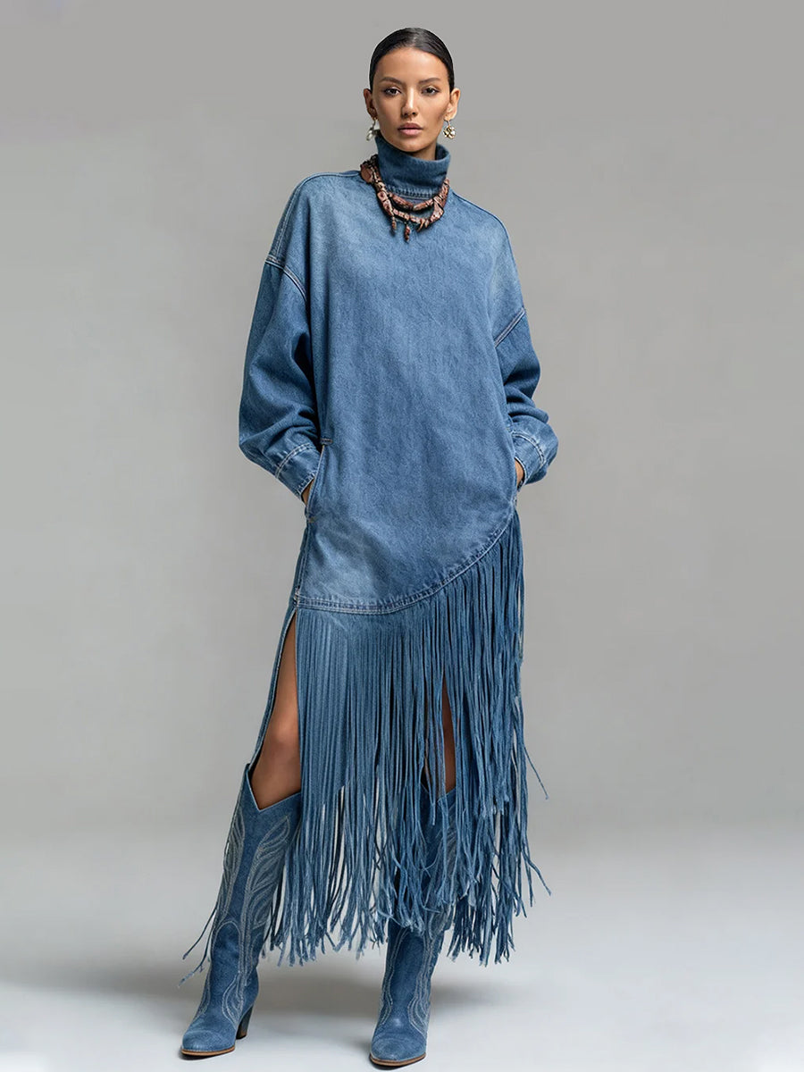 Ursime Daily Blue High Collar Lantern Sleeve Long Sleeve Strappy Western Pocket Denim Midi Dresses [Pre-Order]