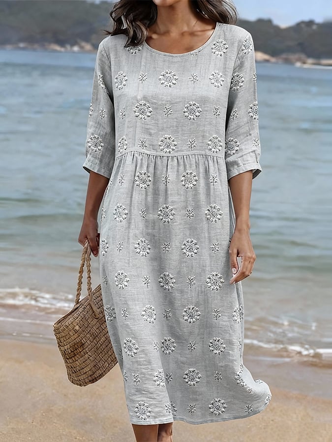 Women's CasualRound Neck Mid Sleeve Print Cotton and Linen Dress
