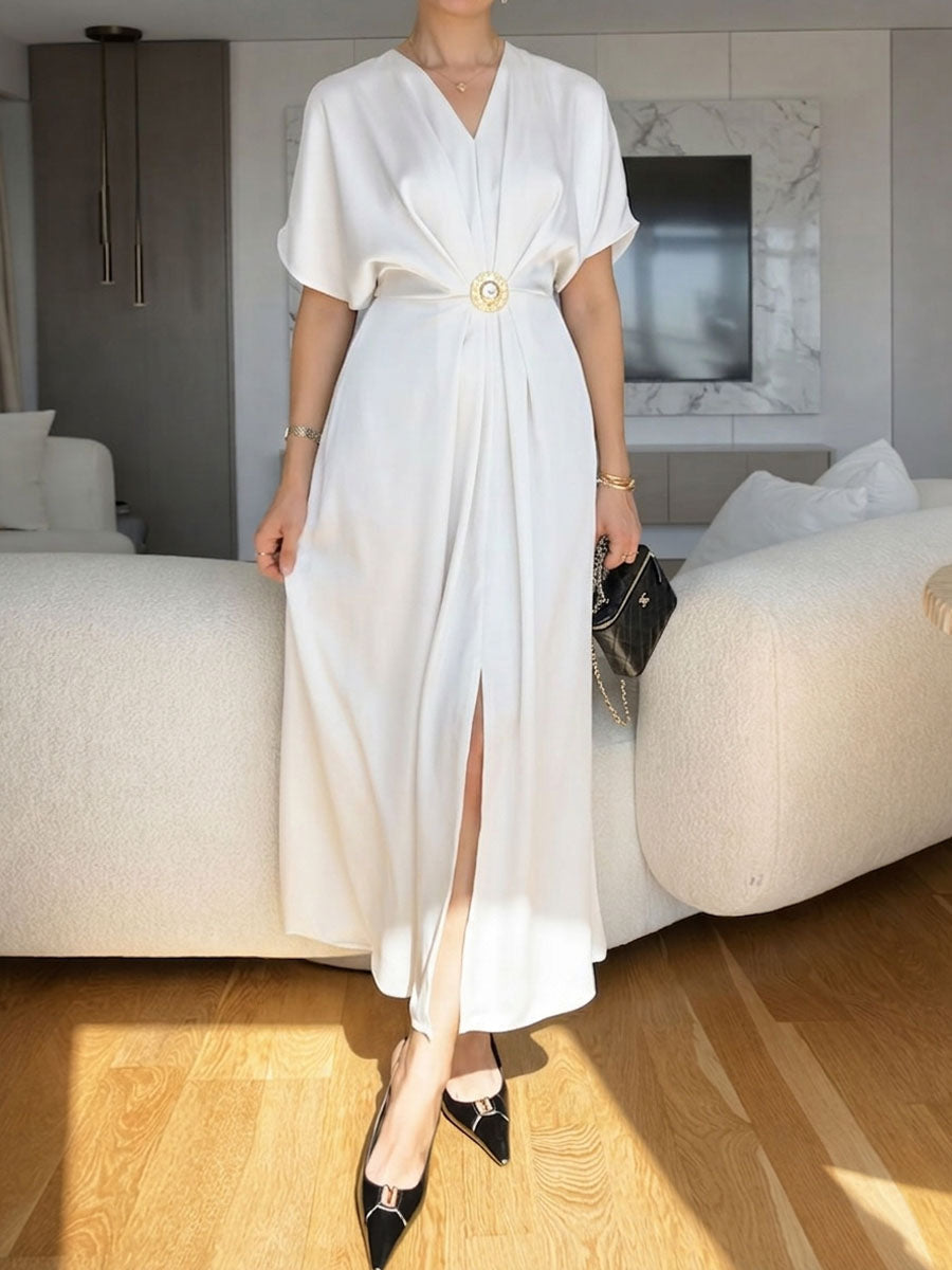 Women's Solid-color V-neck Short-sleeve Loose Casual Dress