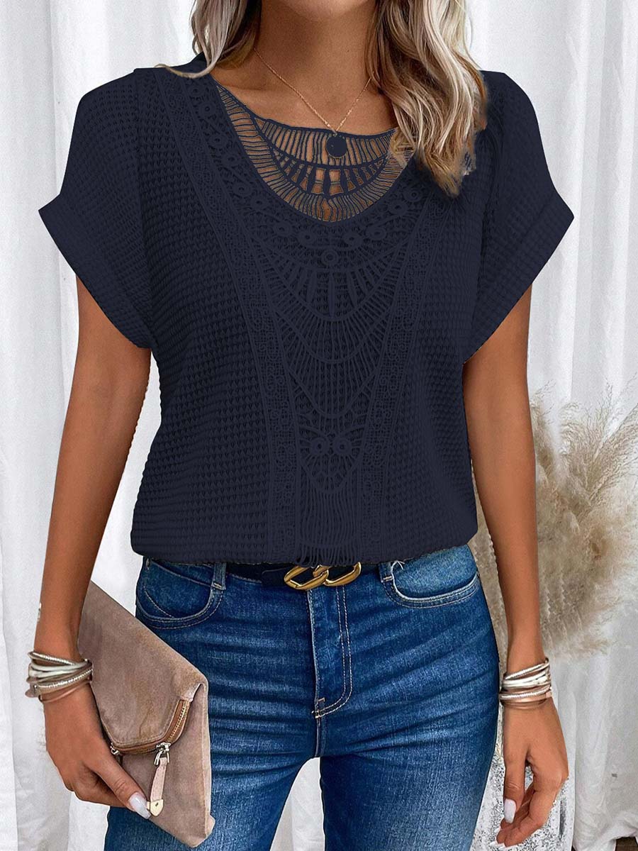 Women's Crew Neck Short-sleeve Casual Loose Top With Lace Splicing