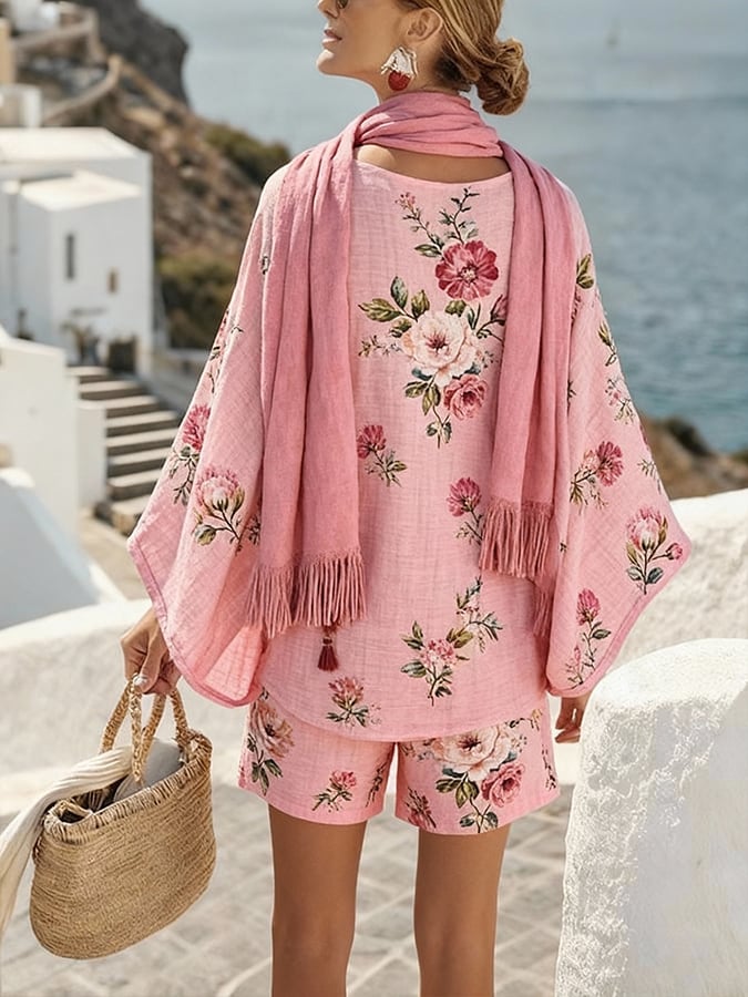 Women'S Casual Vacation Printed Loose Top, Shorts, And Scarf Set