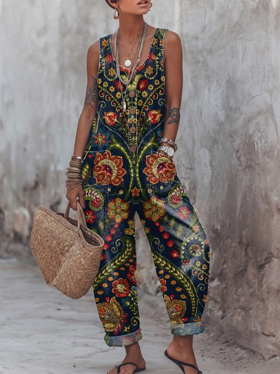 Women's Vintage Flower Art Print Casual Jumpsuit