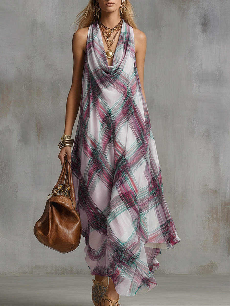 Women's Casual Loose-fit Sleeveless Cowl-neck Plaid Print Dress