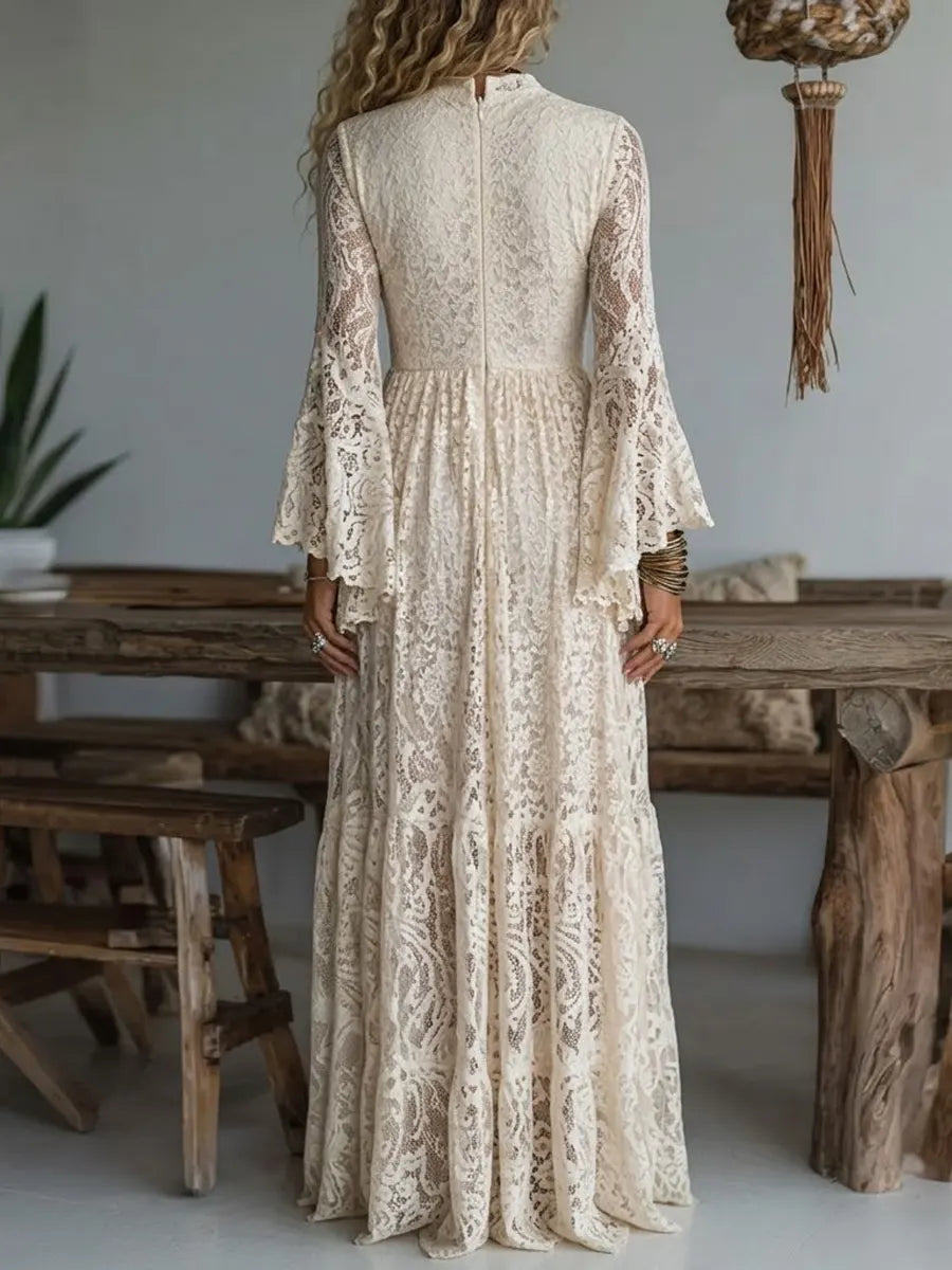 Women's Elegant V-neck Lace Long Dress