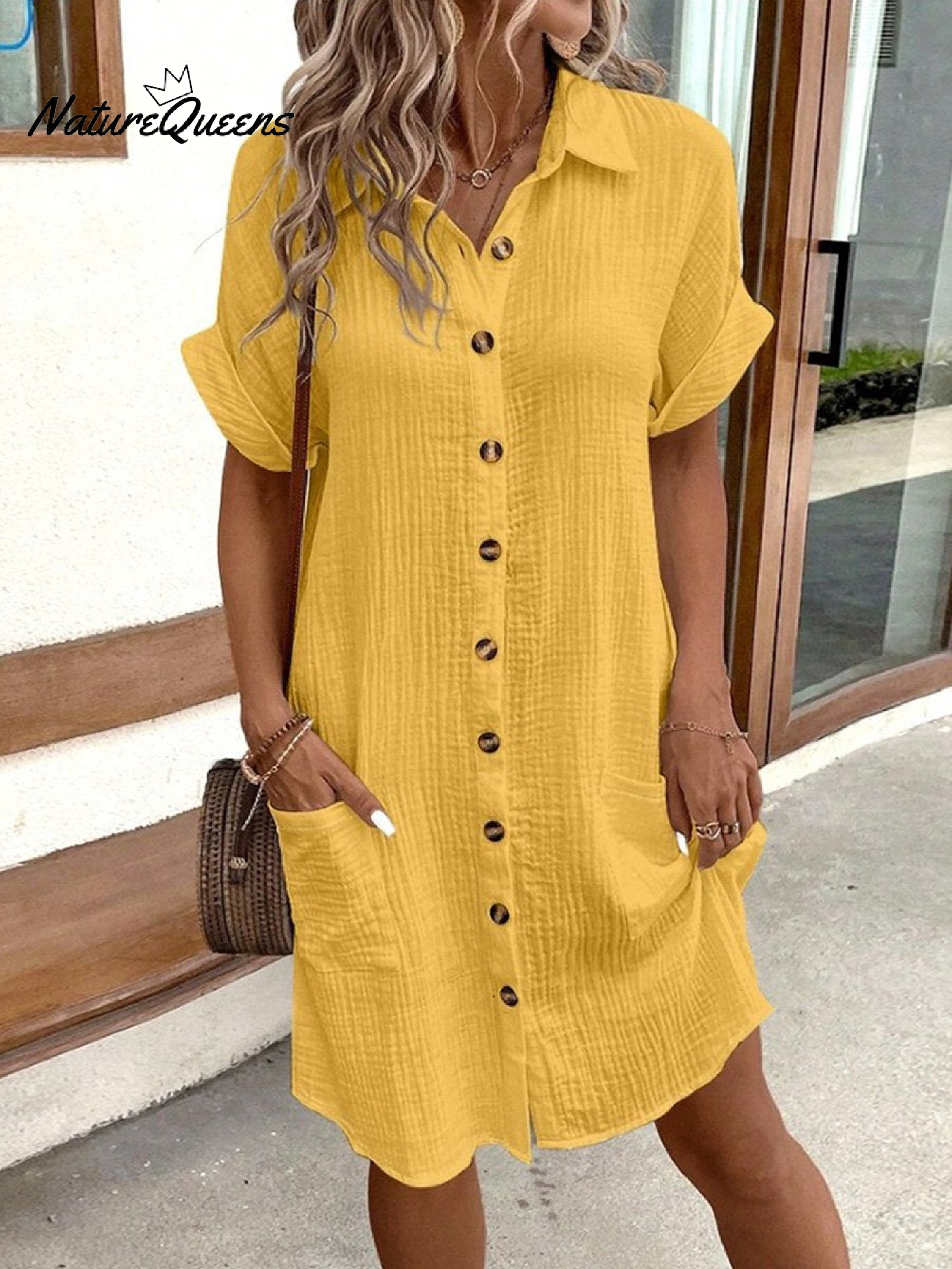 Women's Casual Solid Color Button Down Short Sleeve Dress