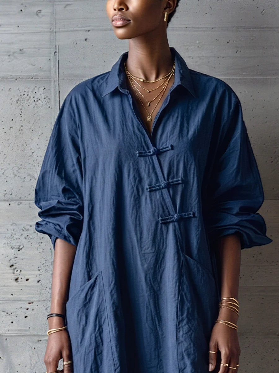 Navy Blue Textured Cotton-linen Frog Button Placket Collar Loose Shirt Midi Dress