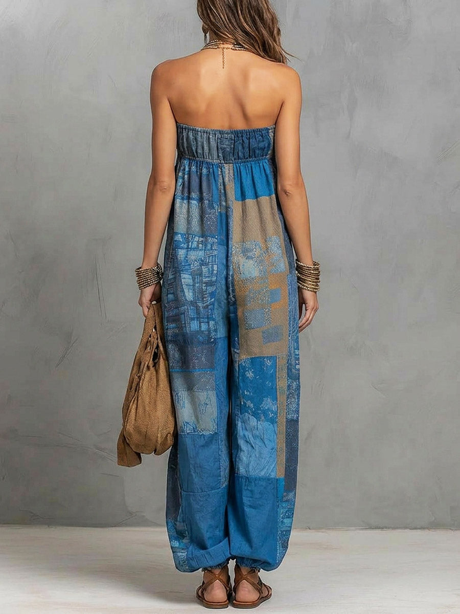 Women's Retro Pattern Art Casual Elastic Bust Stylish Comfortable Cotton Linen Jumpsuit