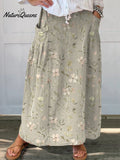 Women's Vintage Floral Art Linen Elastic waistband Pocket Skirt