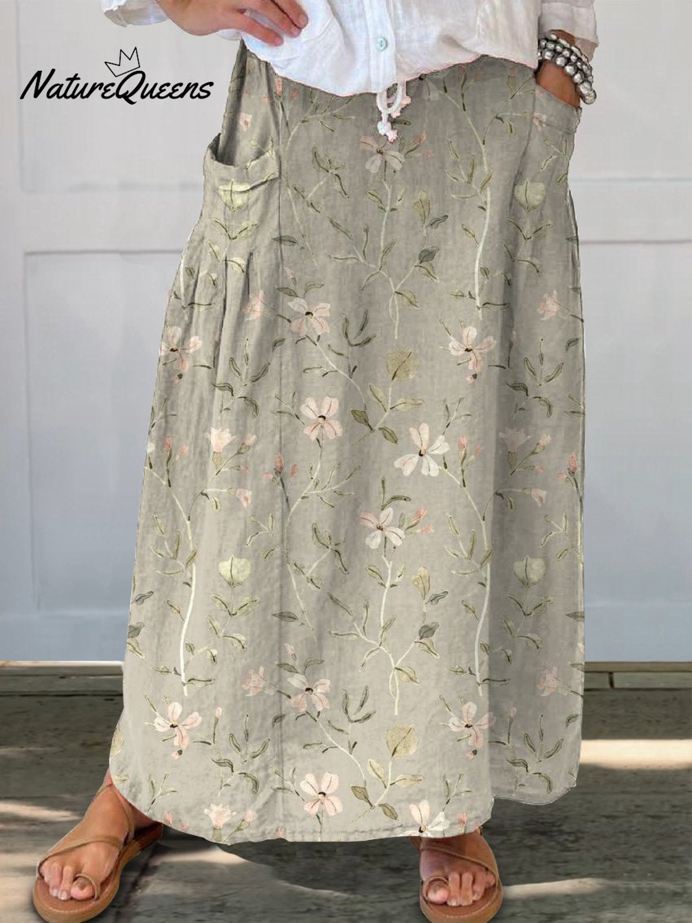 Women's Vintage Floral Art Linen Elastic waistband Pocket Skirt