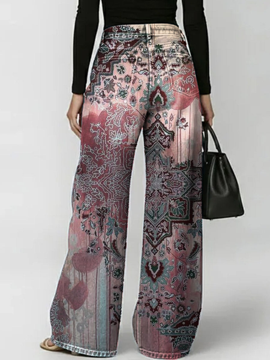 Women's Retro Floral Art Print Casual Stylish Hollow Denim Pants