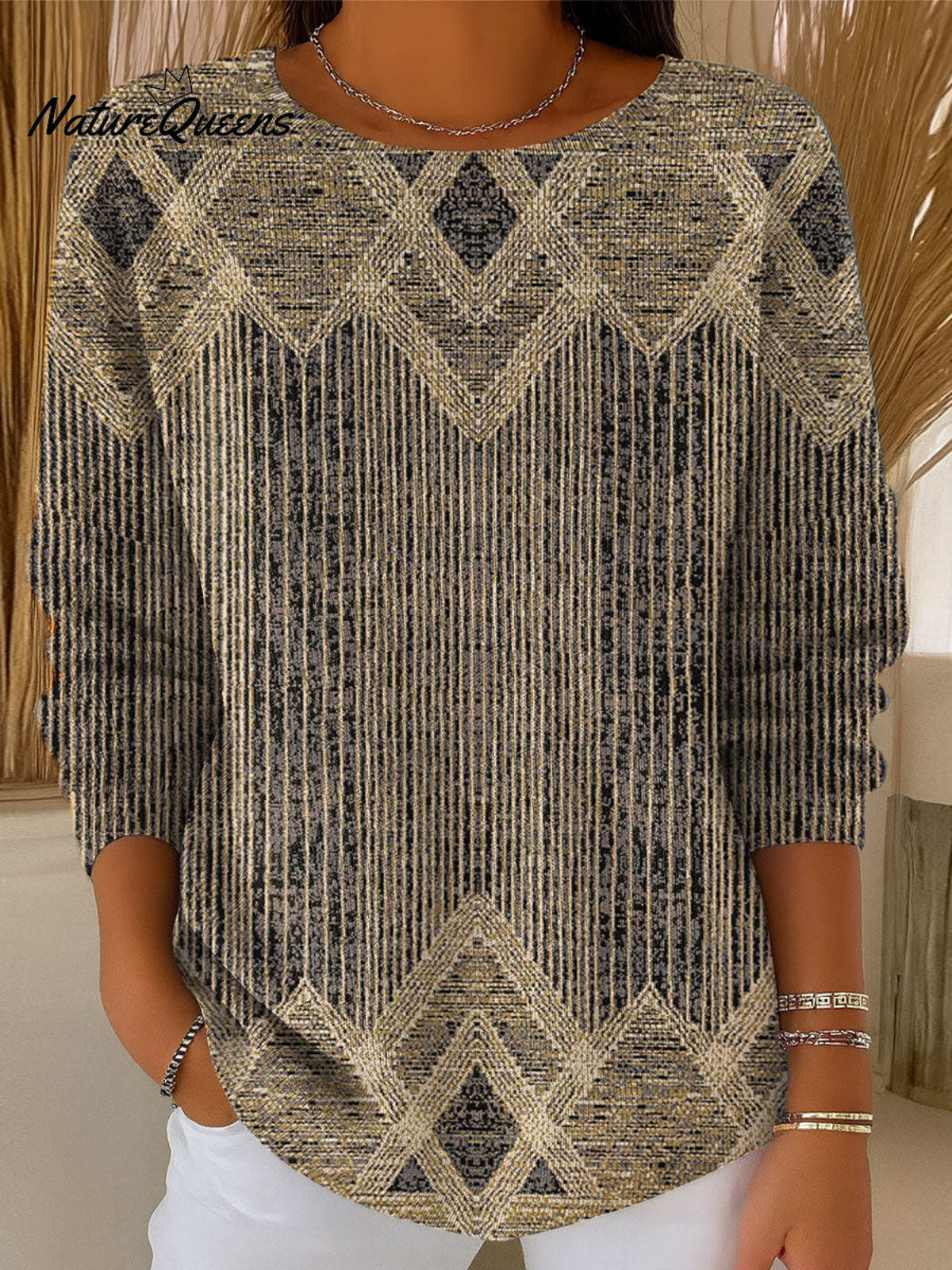 Women's Vintage Abstract Geometric Art Print Casual Pullover Sweater