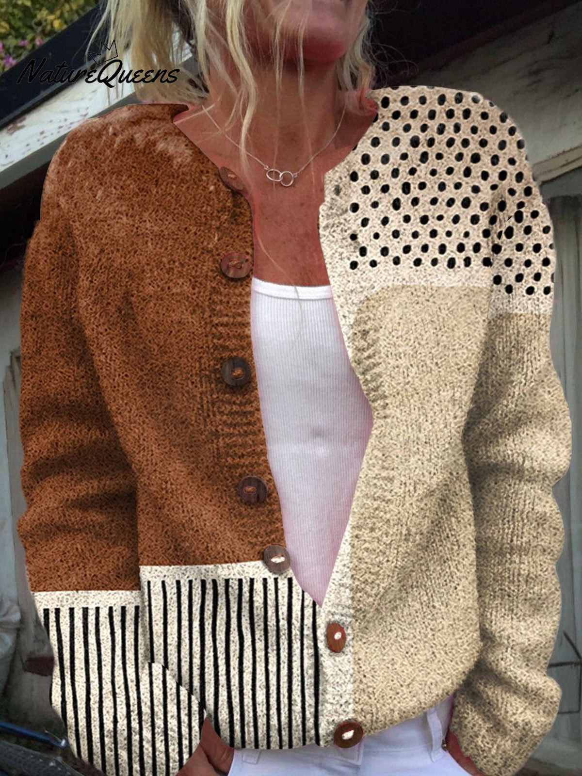 MinimalistAbstract Polka Dots Print Buttoned Cardigan Sweater