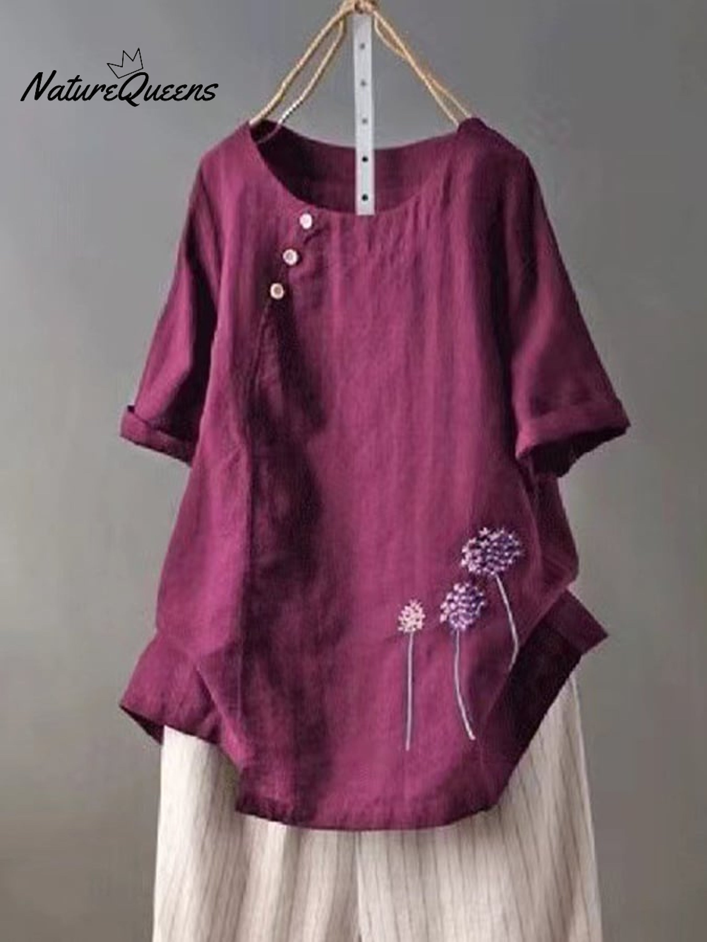 Women'S Embroidered Cotton And Linen O-Neck Button Short Sleeve Blouse