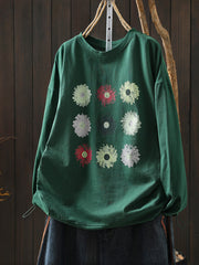 Women Spring Artsy Flower O-Neck 100%Cotton Blouse