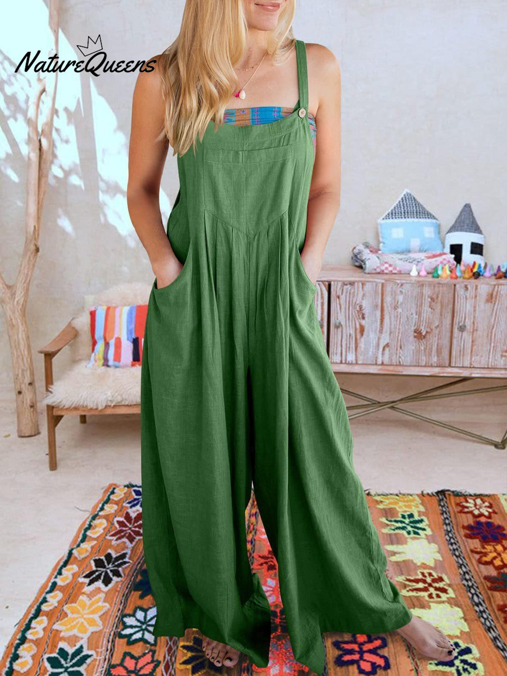 Women's Solid Color Loose Elegant Casual Cotton Linen Suspender Jumpsuit
