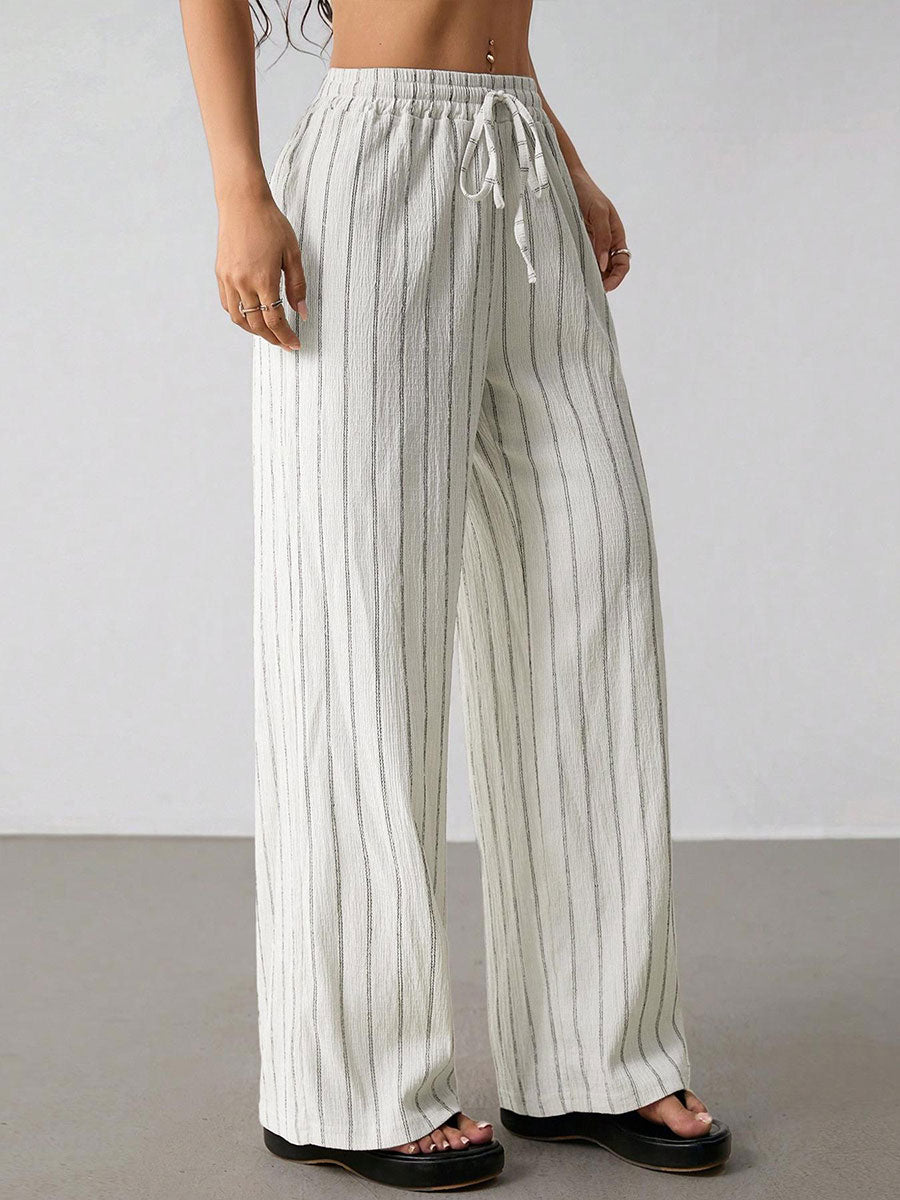 Women's Casual Striped Contrast Trim Drawstring Elastic Waist Wide-leg Pants