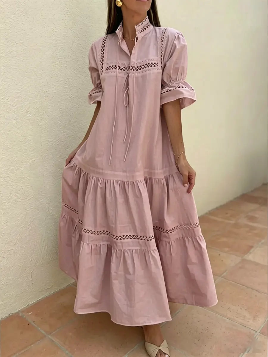 Women's Dress With Puff Sleeves And Hollow-out Decoration