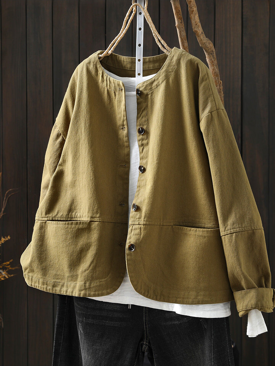 Women Winter Artsy Pure Color O-Neck 100%Cotton Shirt