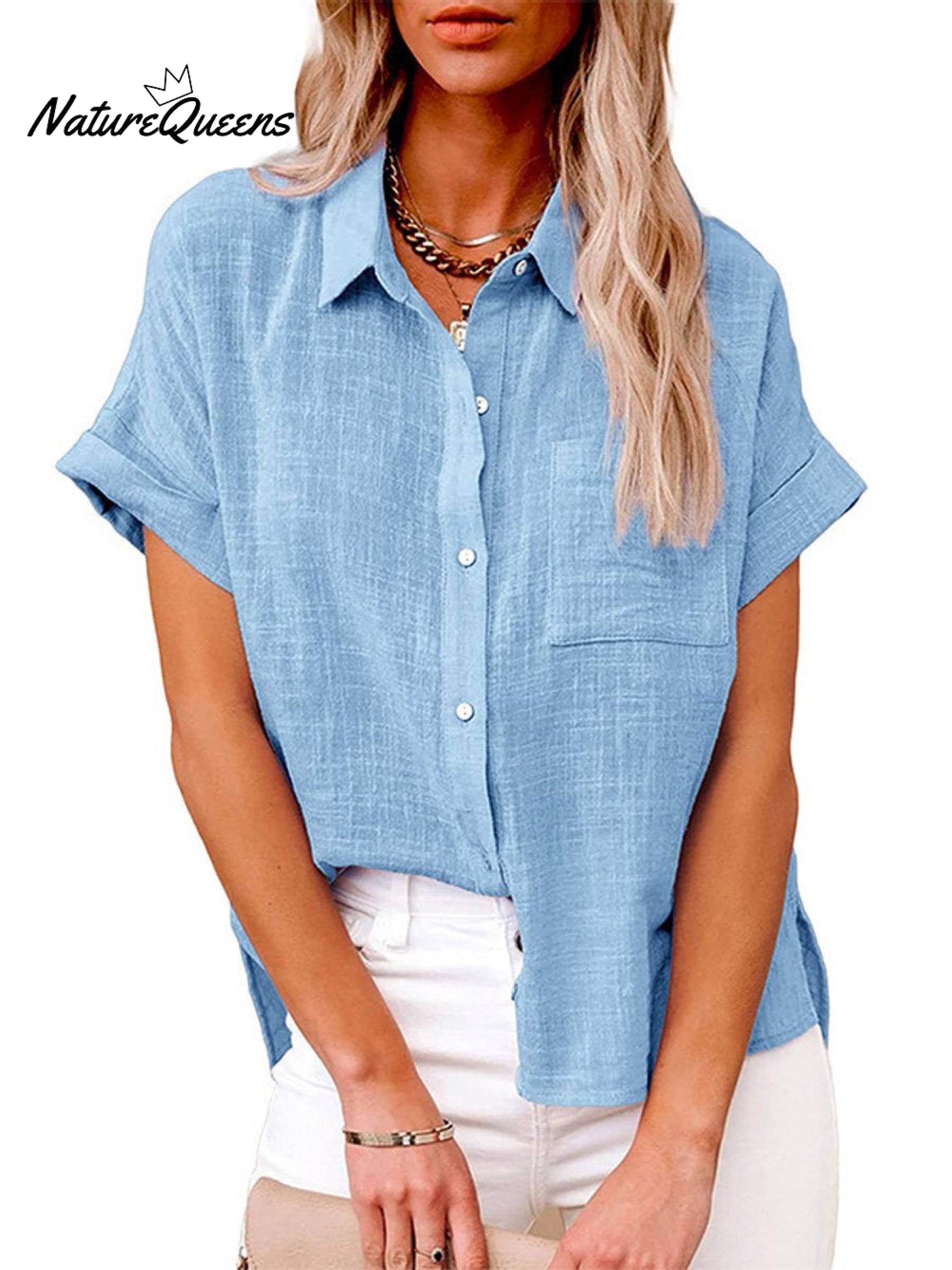 Women's Solid Color Button Down Short Sleeve Shirt