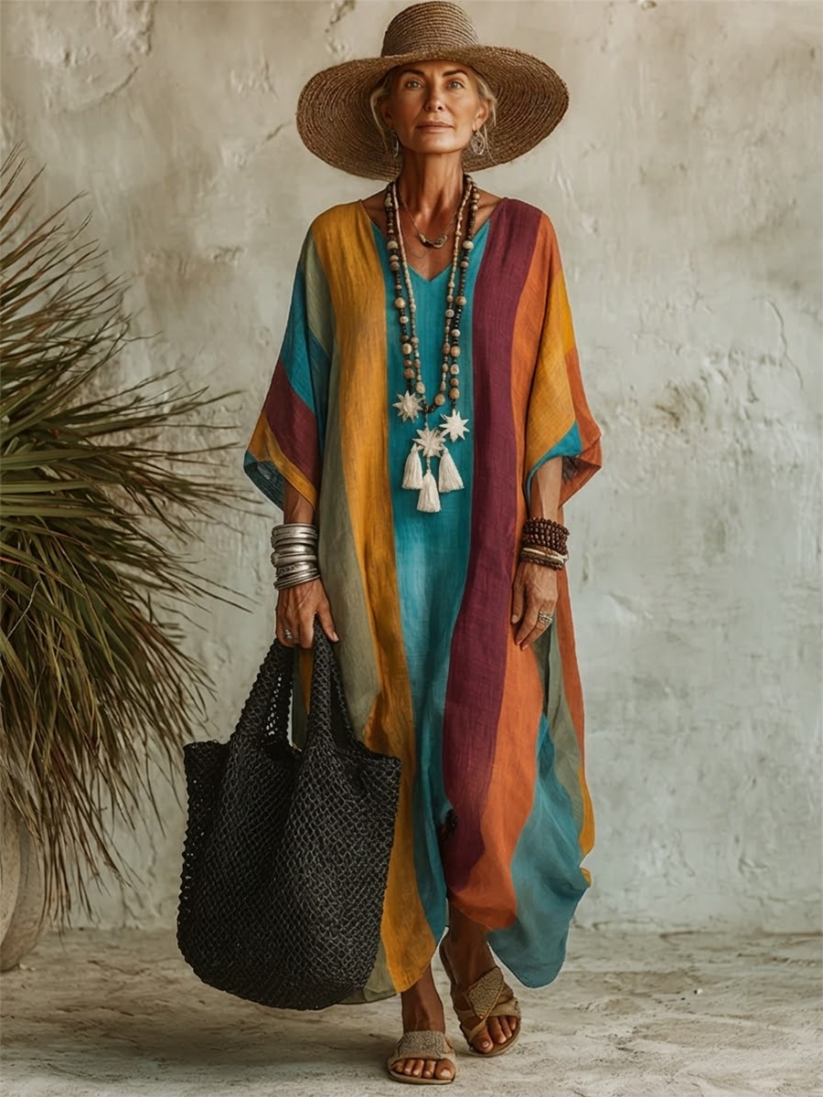Artistic Rainbow-striped Cotton-linen Dress